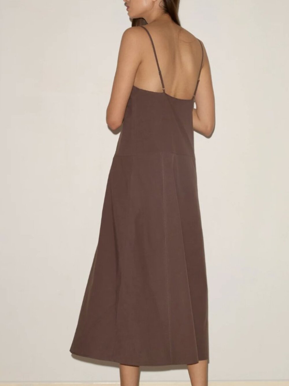 Women’s Brown Midi Slip Dress with Spaghetti Straps - Picture 2 of 5